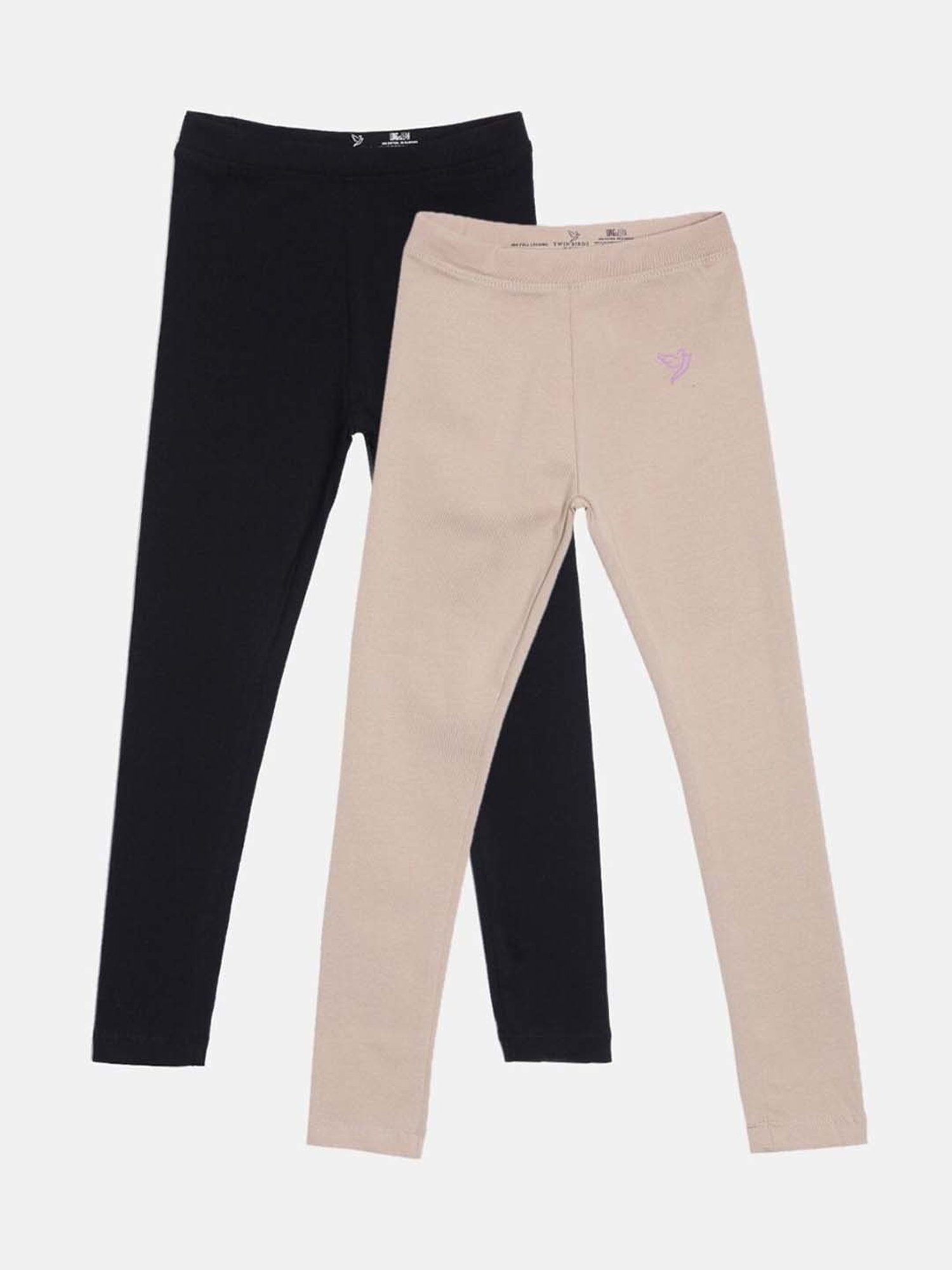 TWIN BIRDS Kids Black & Beige Cotton Regular Fit Leggings (Pack of 2)