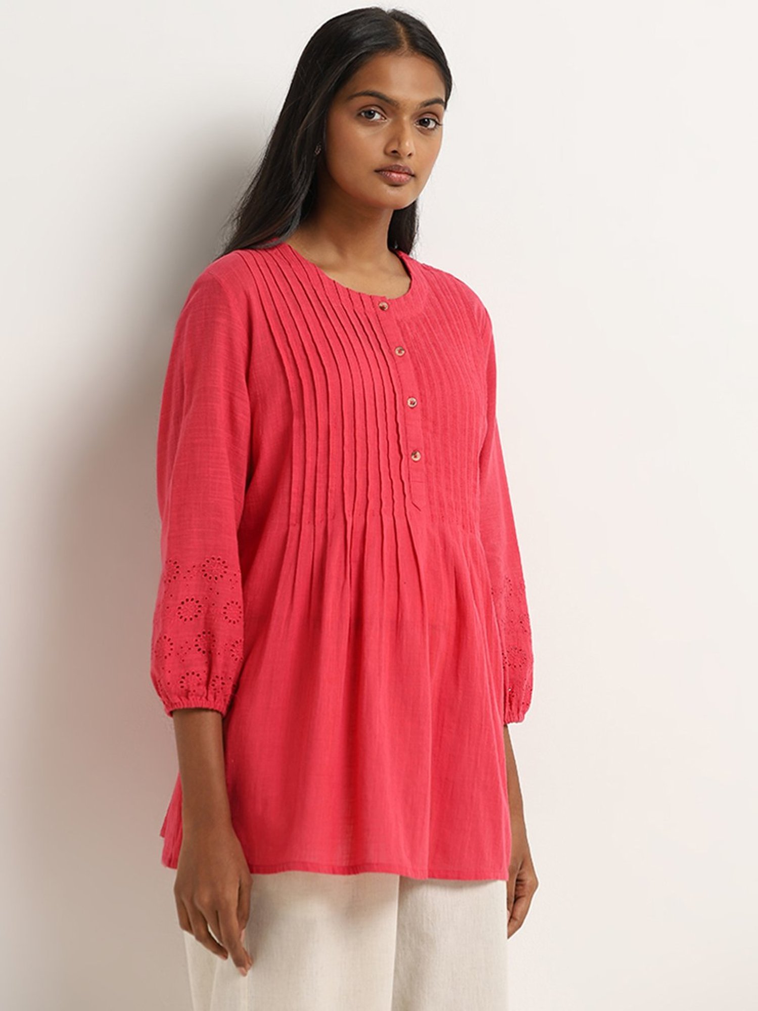 Utsa by Westside Fuchsia Pintuck Detailed A-Line Cotton Kurti