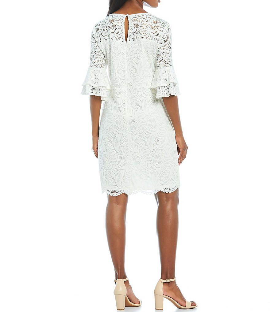 Leslie Fay 3/4 Bell Sleeve Illusion Neck Lace Sheath Dress