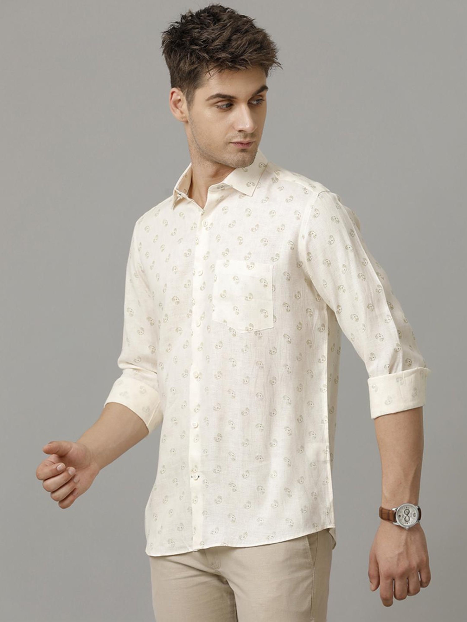 Linen Club Beige Linen Contemporary Fit Printed Shirt