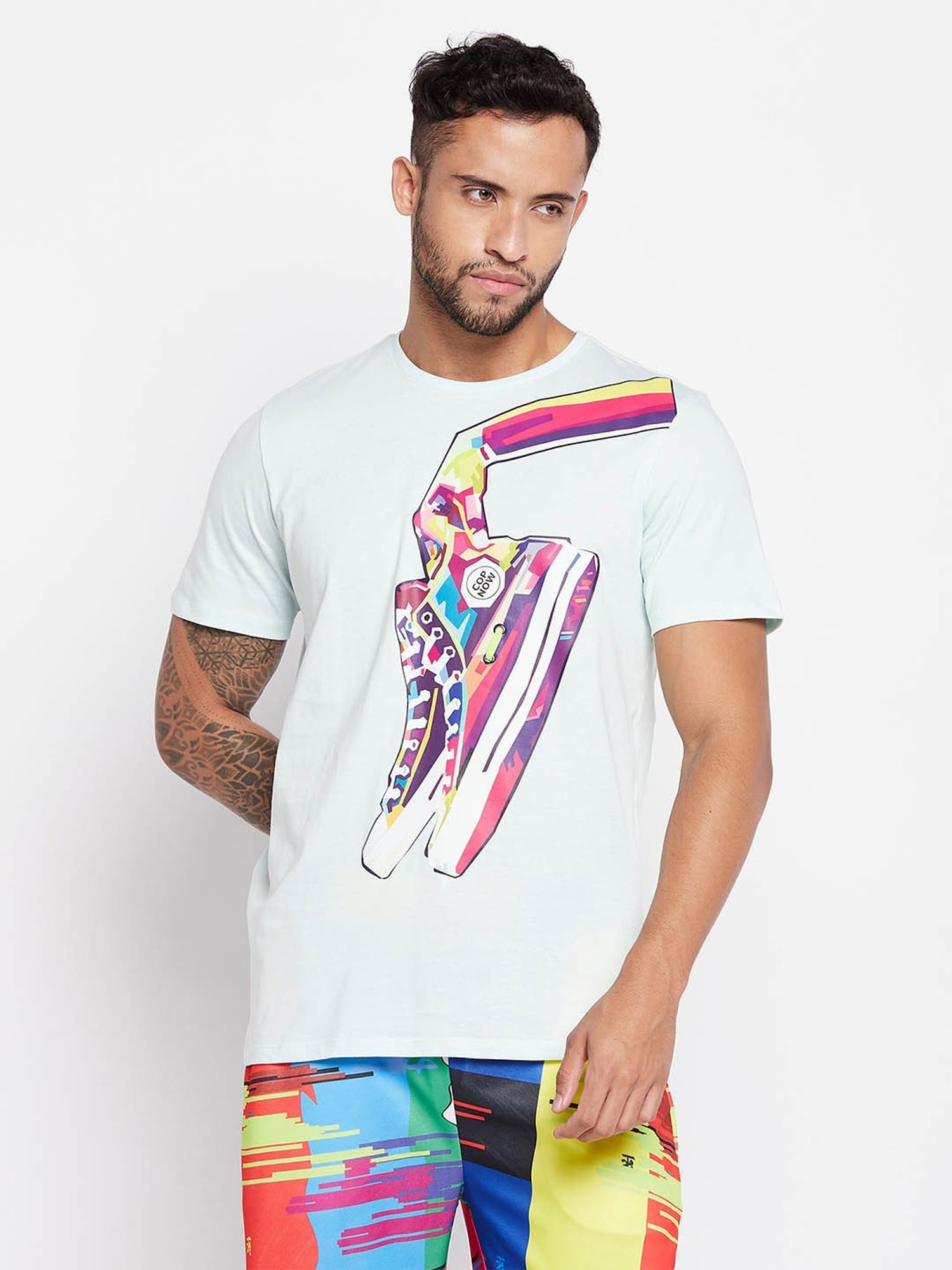 EDRIO Light Blue Regular Fit Printed T-Shirt