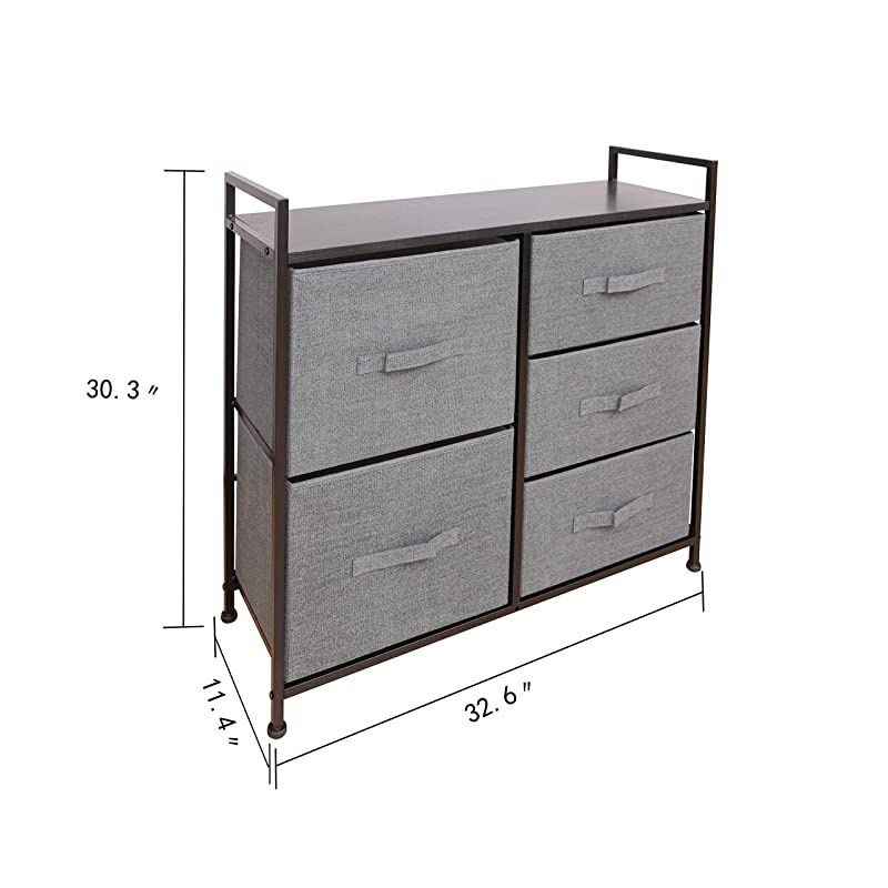 Storage Cube Dresser Organizer for Closet Nursery Bathroom Laundry or Bedroom 5 Fabric Drawers Solid Wood Top Durable Steel Frame Charcoal