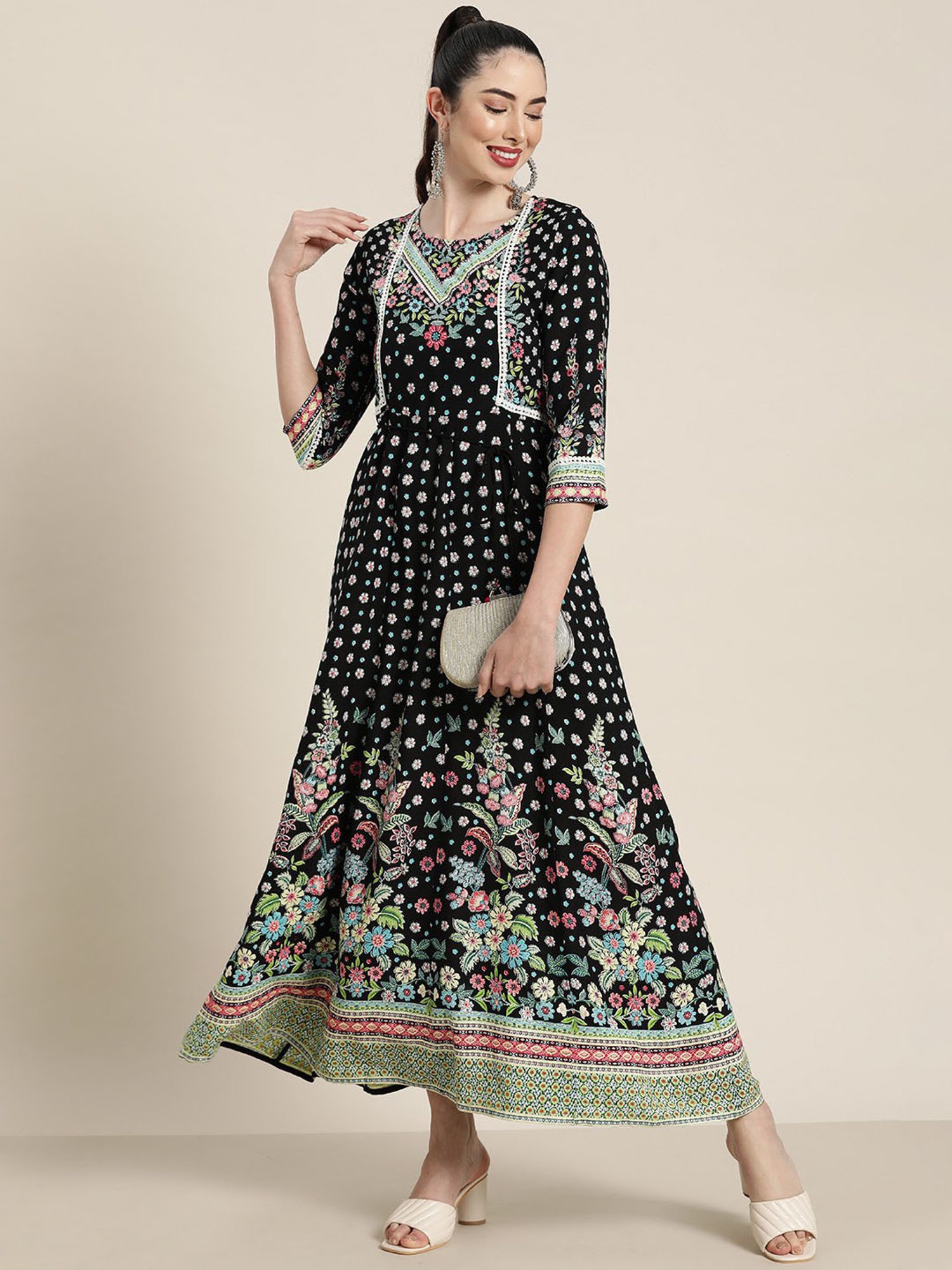 Juniper Black Festive Floral Printed Rayon Anarkali Dress