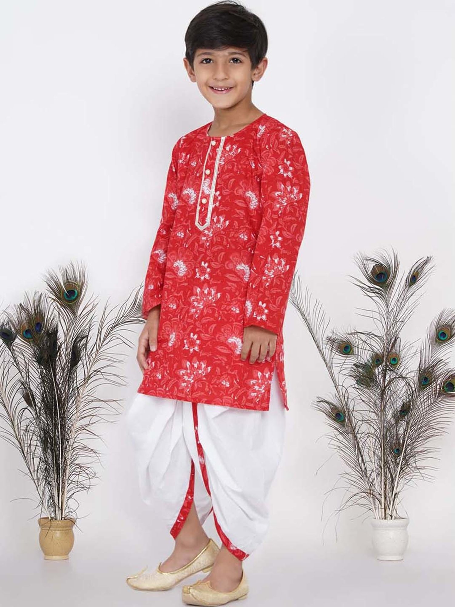 Little Bansi Kids Red & White Cotton Floral Print Kurta Set