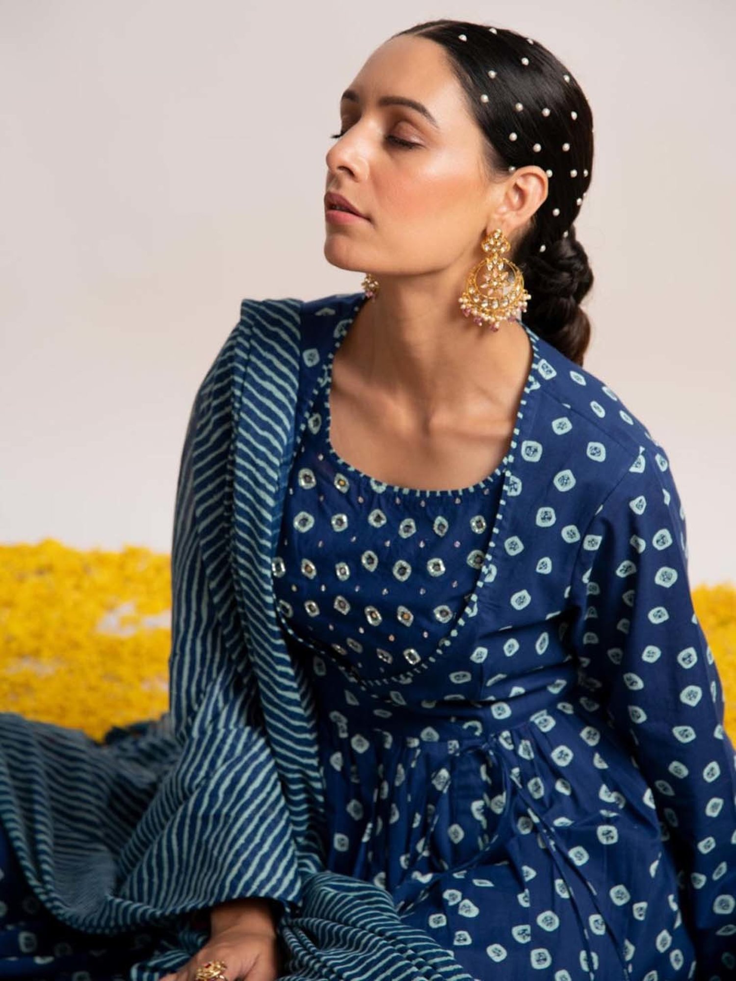 Ekohum Blue Bandhani Print Kalidaar with Leheriya Mulmul Dupatta