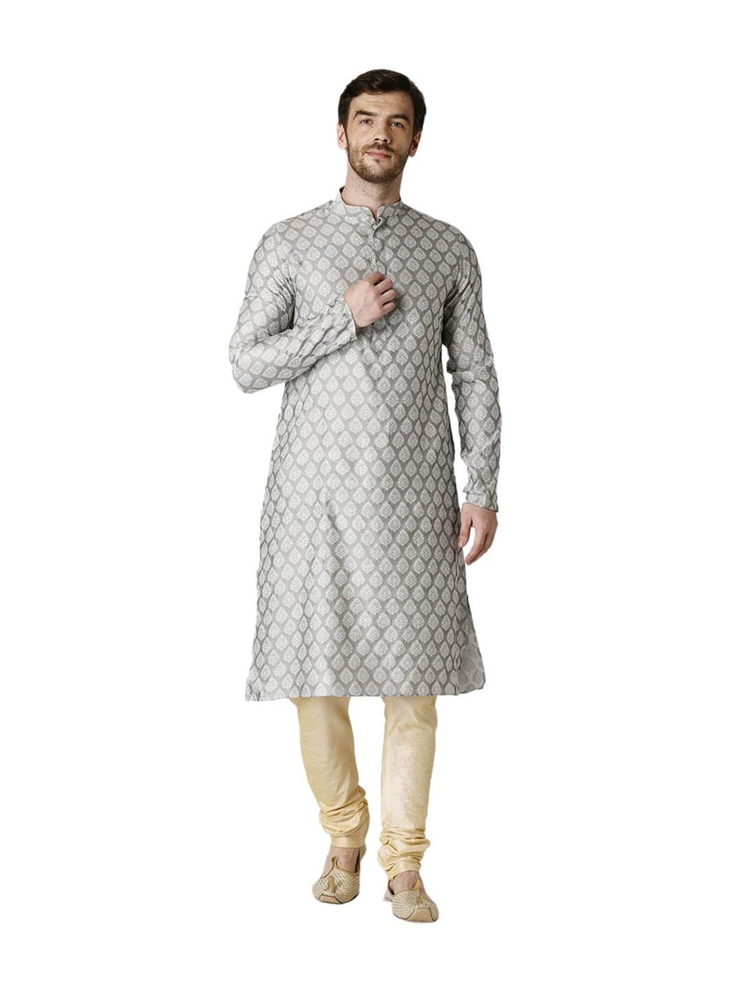 Tabard Light Grey & Beige Printed Kurta & Churidar Set