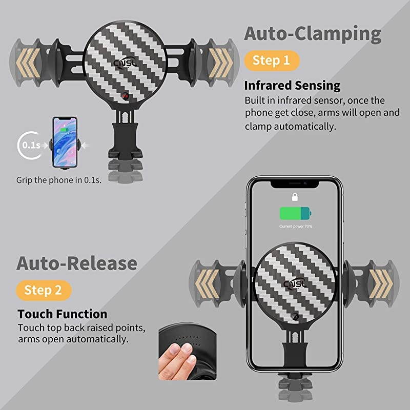 Wireless Car Charger Mount, Auto Clamping Car Phone Holder with RGB Light,10W Qi Fast Charging Air Vent Windshield Dashboard Phone Stand,Compatible with iPhone Samsung and More (Gray)