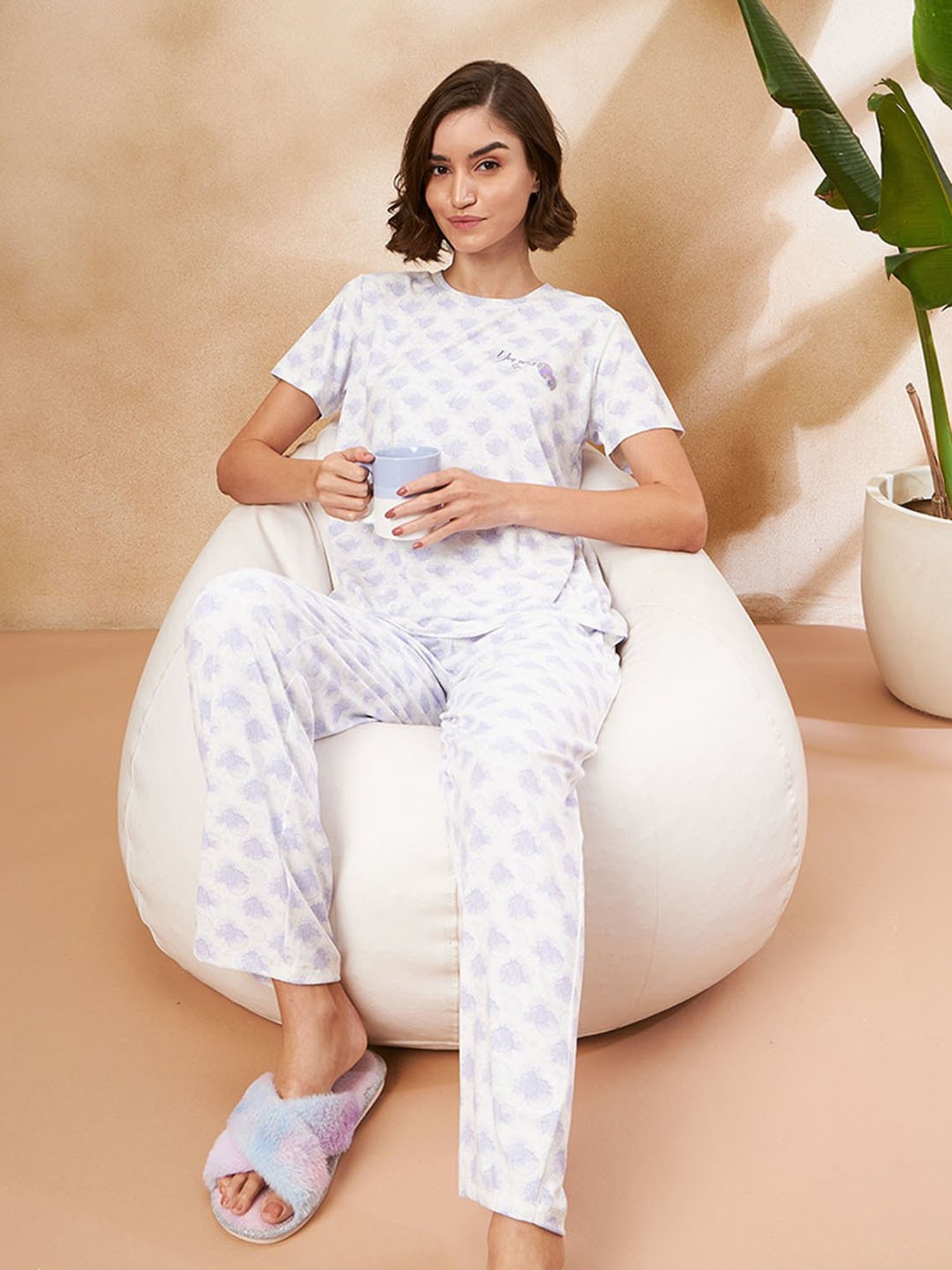 MADAME M Secret Purple & White Printed T-Shirt With Pyjamas