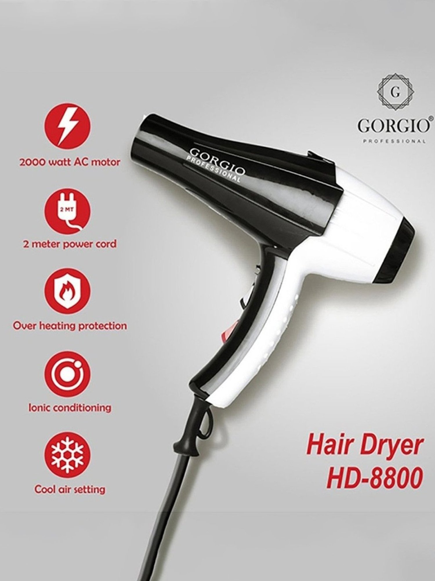 Gorgio Professional HD8800 2000W Hair Dryer (Black)
