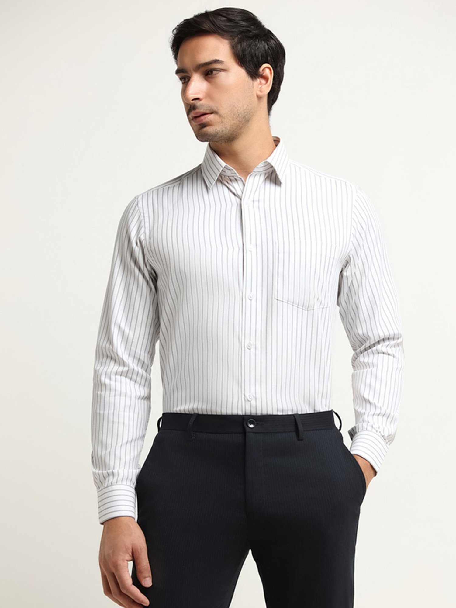 WES Formals by Westside Grey Striped Slim Fit Shirt