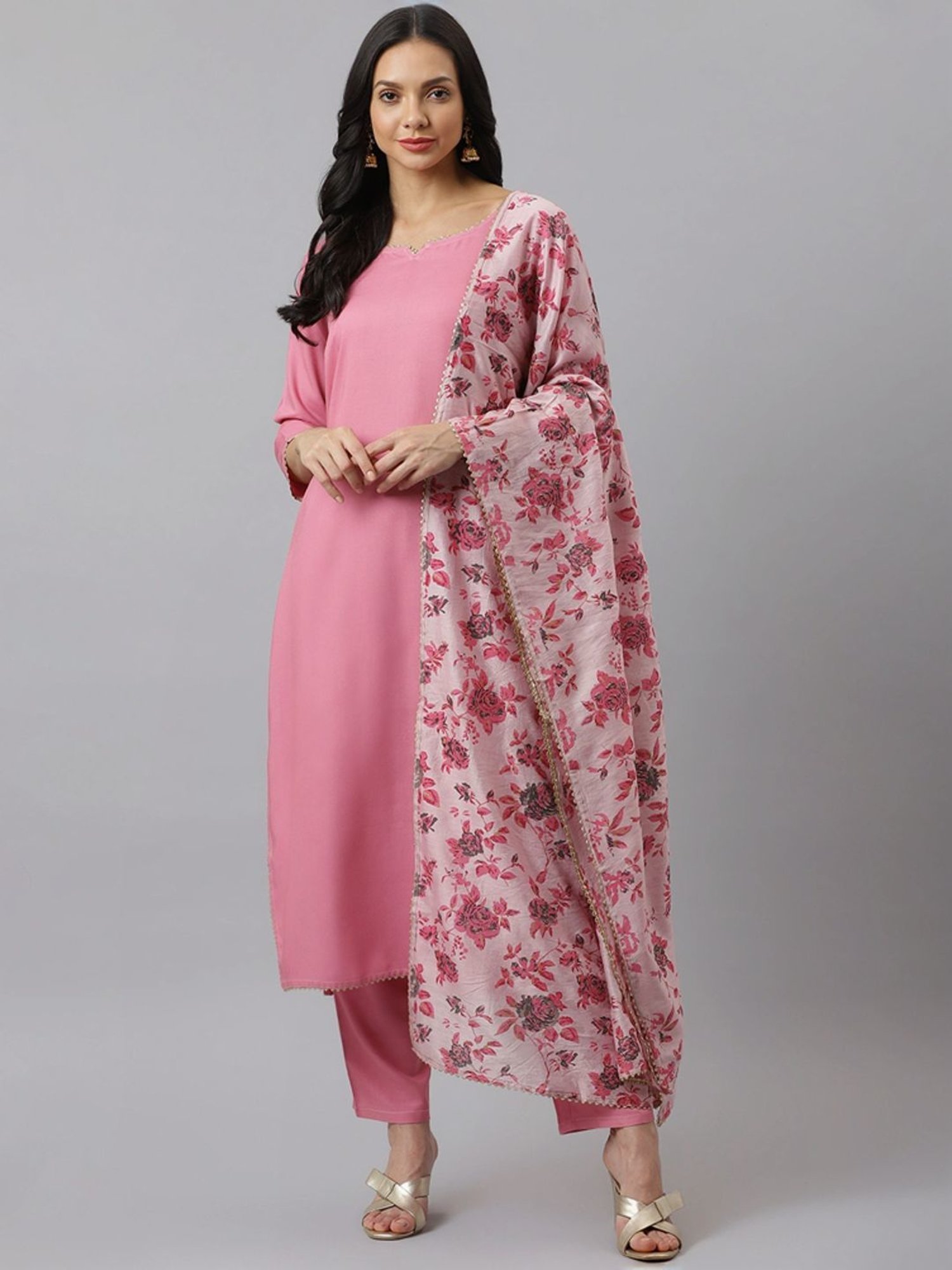 Stylum Mulberry Pink Plain Kurta & Pant Set With Dupatta