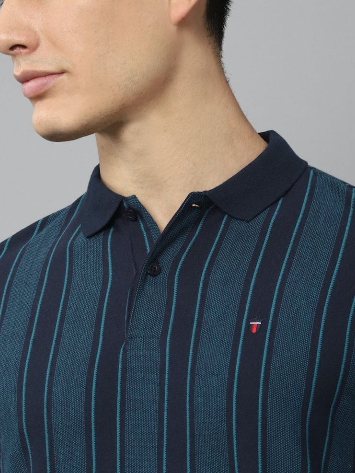 Louis Philippe Sport Dark Blue Cotton Slim Fit Striped Polo T-Shirt