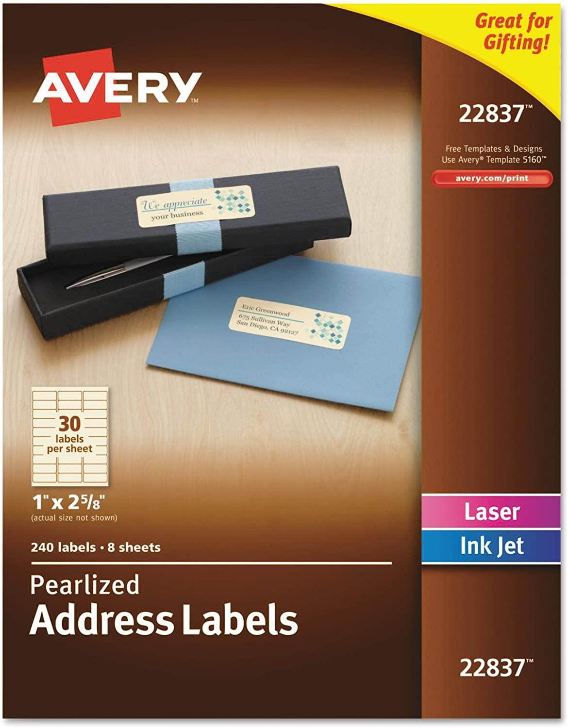 Avery Address Labels, Permanent Adhesive,  Pearlized, Ivory, 1" x 2-5/8", 240 Labels (22837)