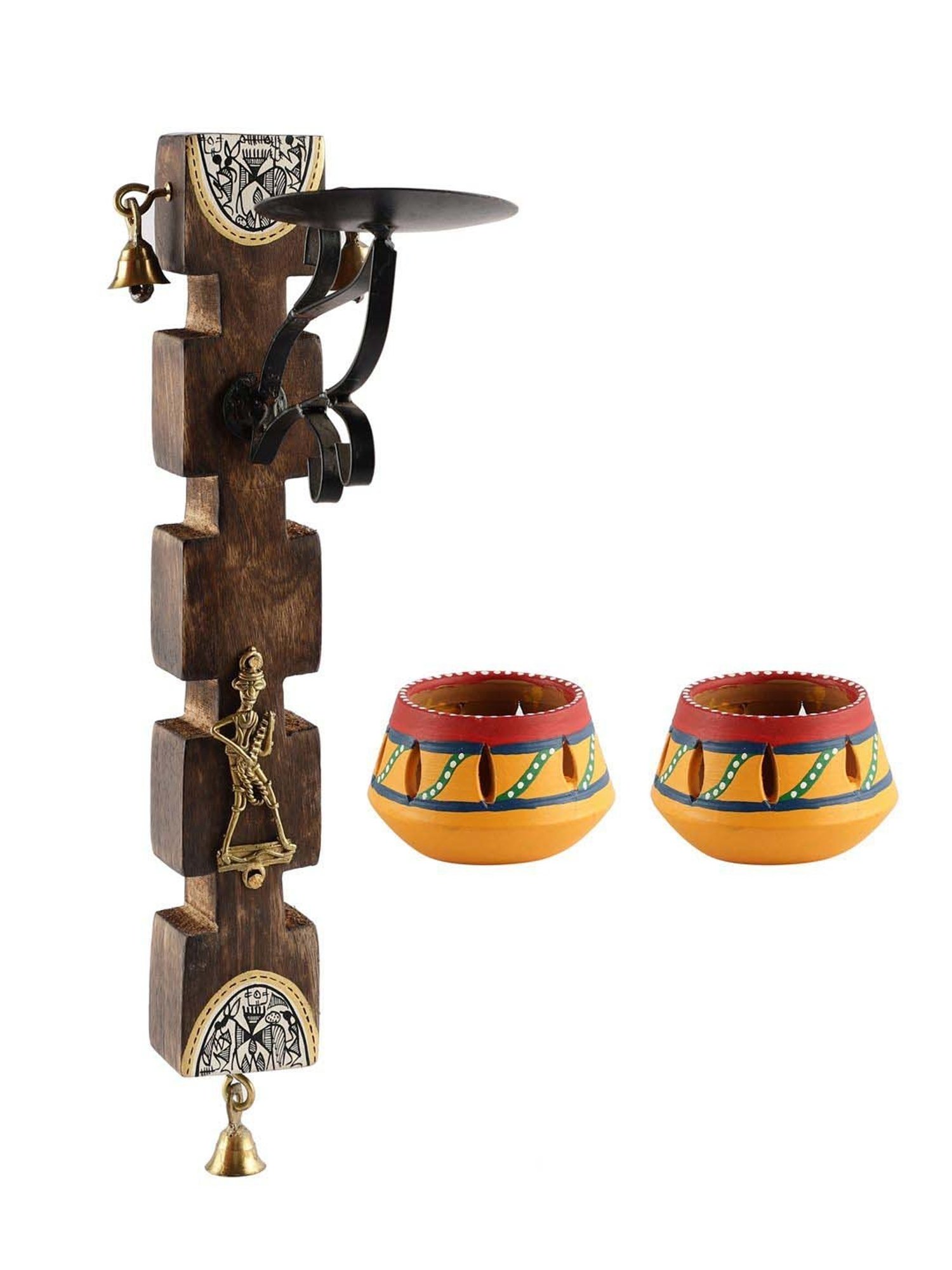 VarEesha Upahaar Brown & Yellow Wood Wall Hanging with 2 Tea Light Holders