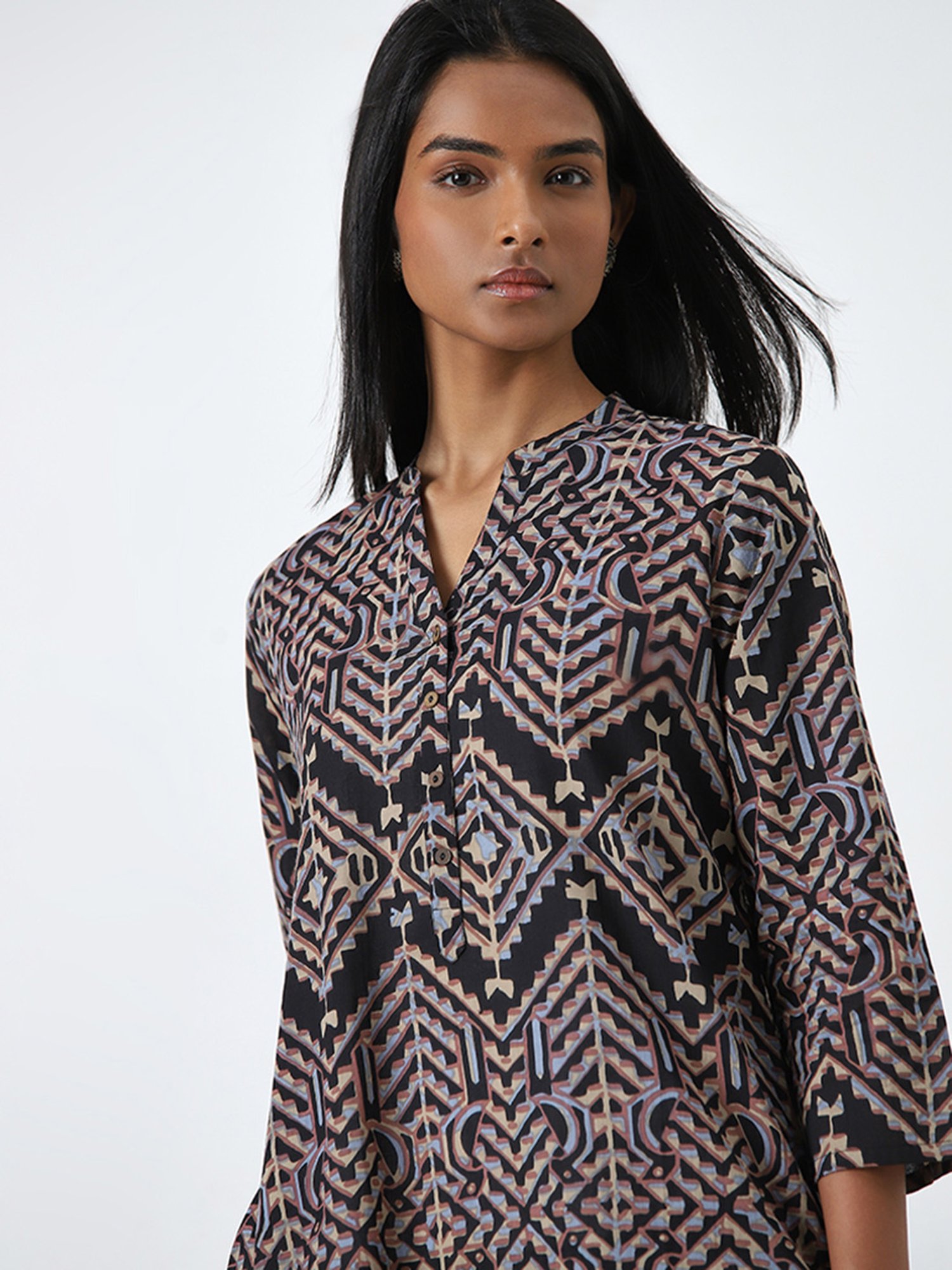 Utsa by Westside Black Geometric Design Straight Cotton Kurta