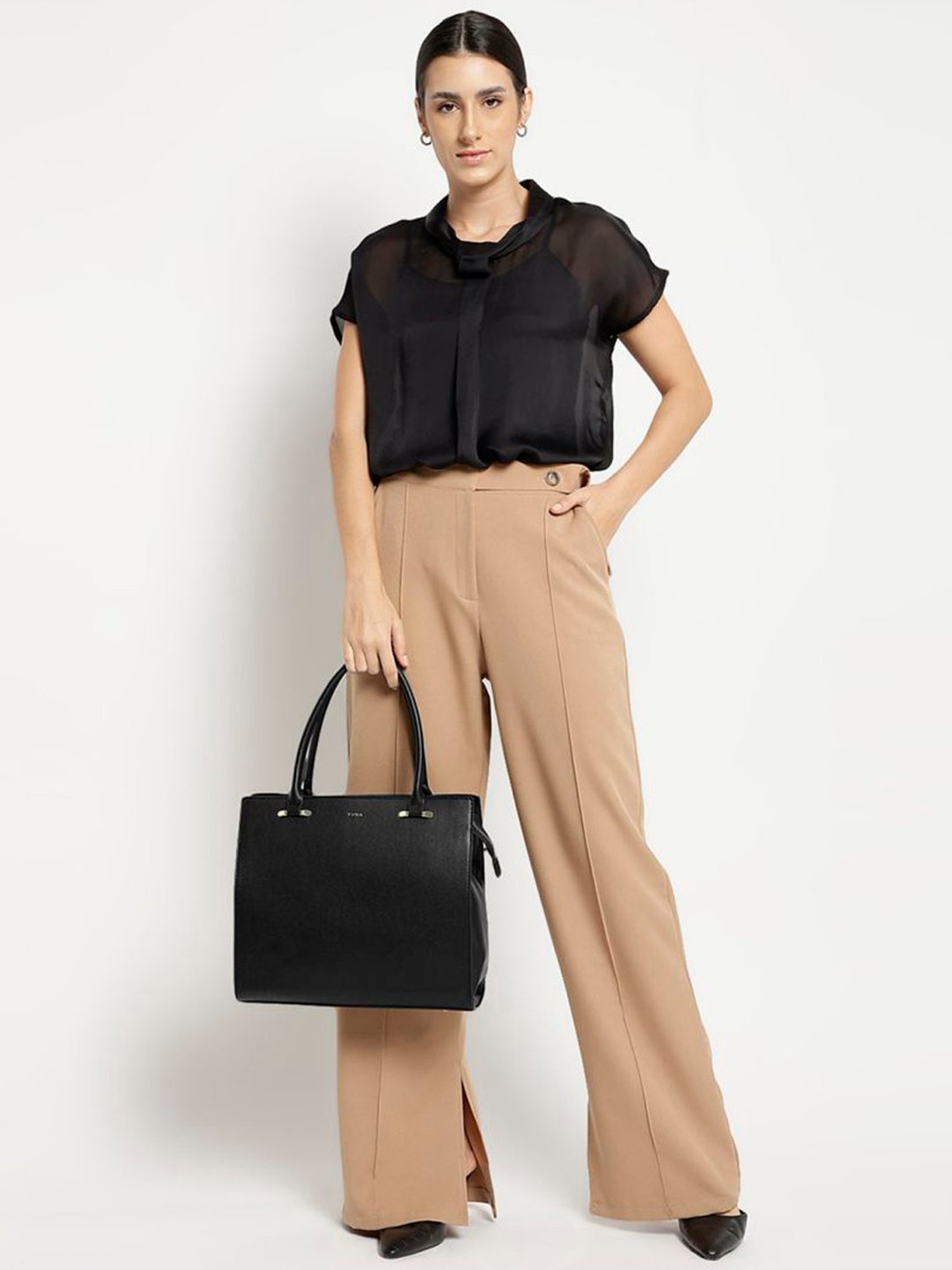 Tyra Eslarie Black Solid Faux Leather Tote Handbag