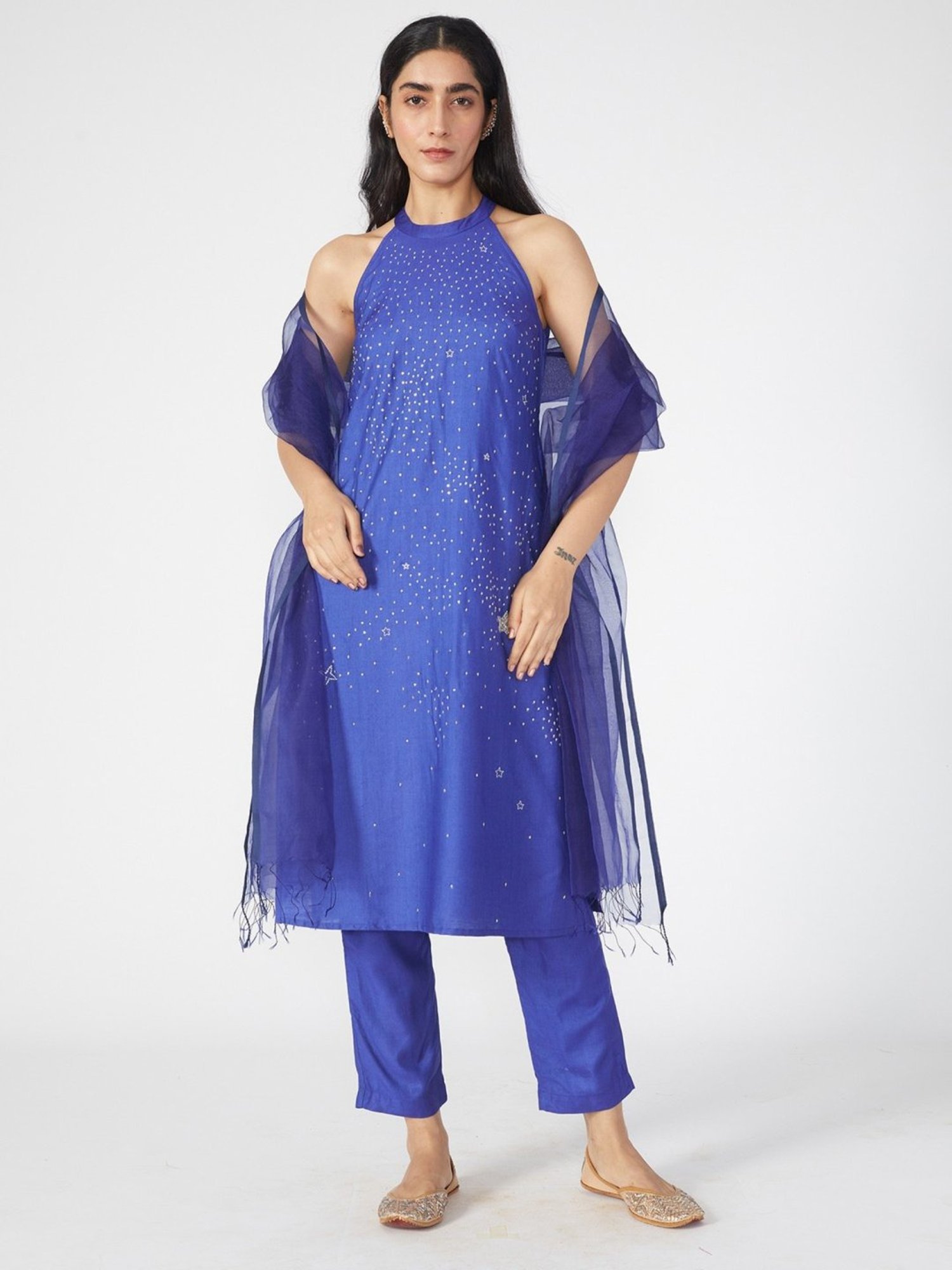 Okhai Blue Embroidered Kurta & Pant With Dupatta Set