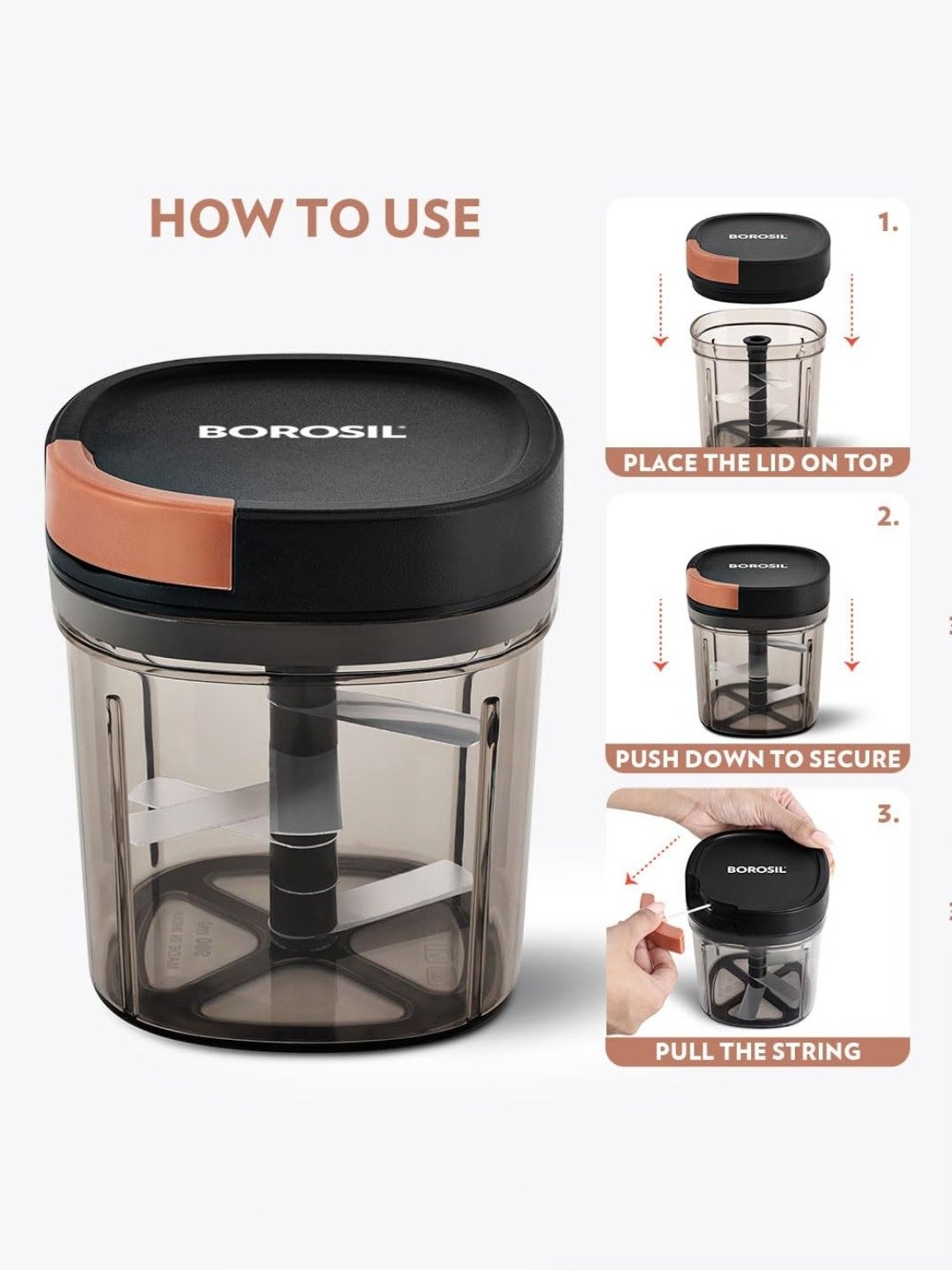 Borosil EazyPull Chopper 900 ml with 6 Blades & Durable String (Black)