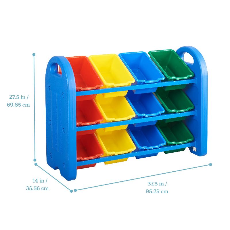 ECR4Kids 3-Tier Toy Storage Organizer for Kids, Blue with 12 Assorted Color Bins