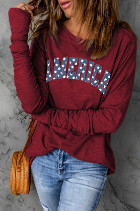 Red Starry America Print Thumbhole Long Sleeve Top