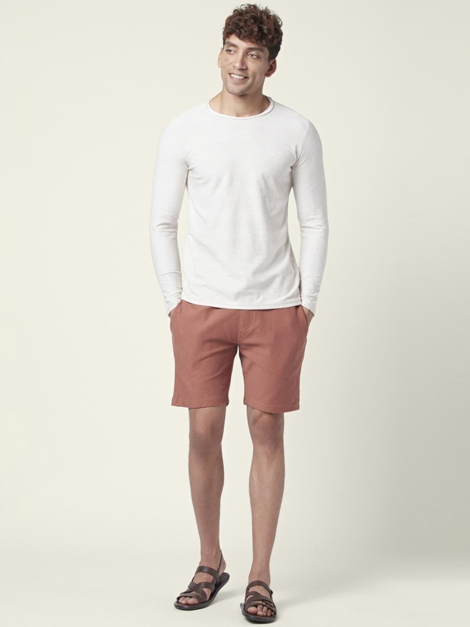 7 Alt by Pantaloons Oat Melange Slim Fit Self Pattern T-Shirt