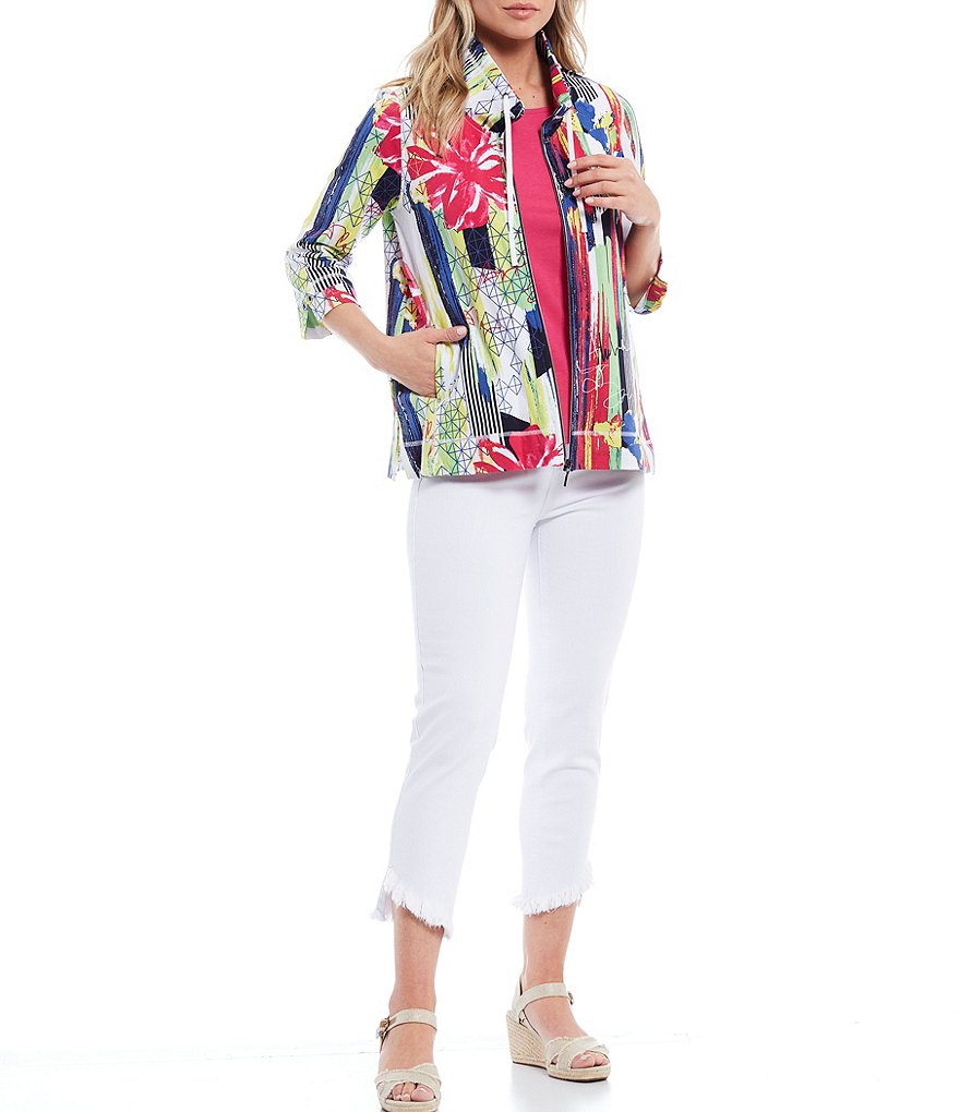 Multiples Petite Size Multicolor Floral Placement Abstract Print Drawstring Collar Zipper Front Baby French Terry Jacket