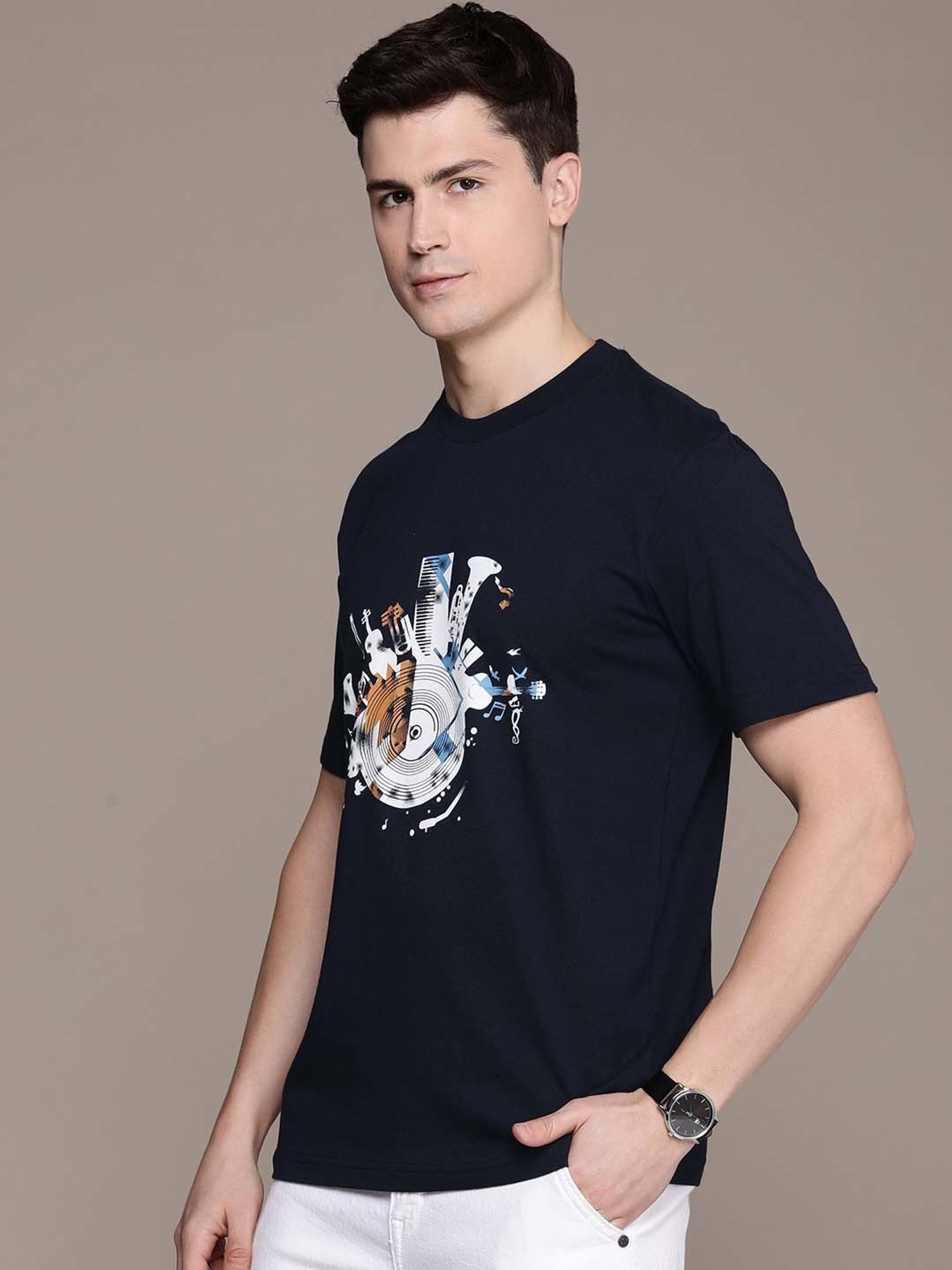 Burnt Umber Navy Regular Fit Printed T-Shirt