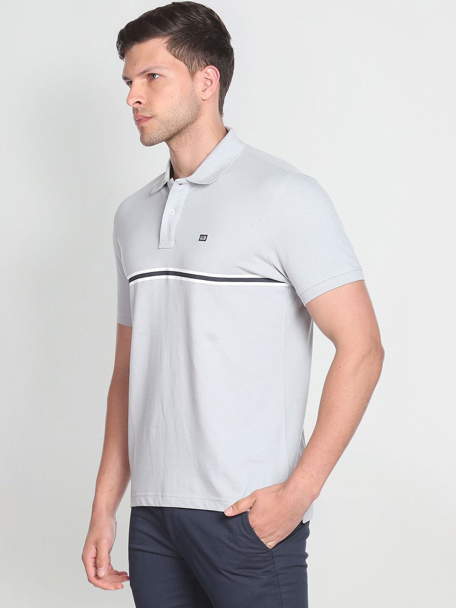 Arrow Sport Light Grey Cotton Regular Fit Striped Polo T-Shirt