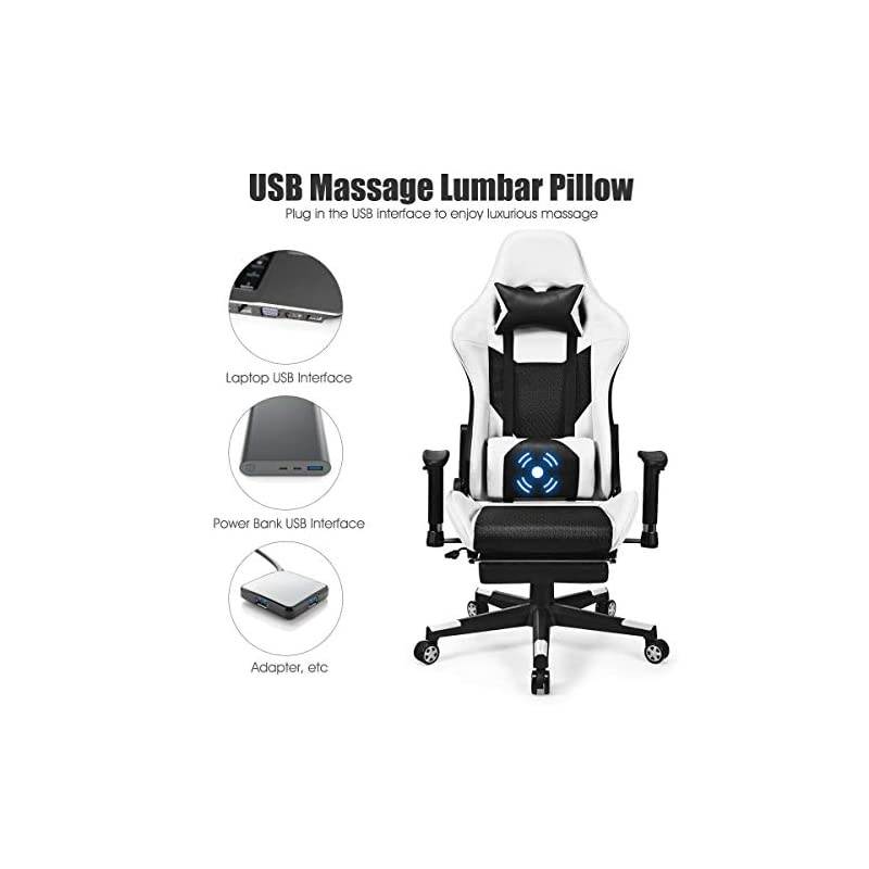 Massage Gaming Chair, Adjustable High Back with Health Massager Lumbar Support, Thick Memory Sponge with 360 Degree Revolving Chair Seat, Retractable Foot Shelf (White)