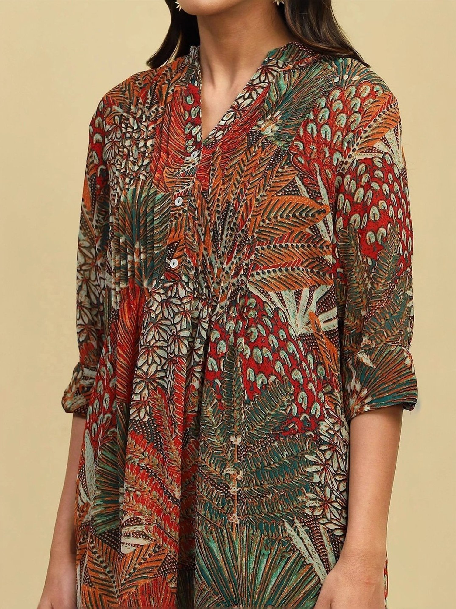 Biba Green & Orange Printed A Line Kurta