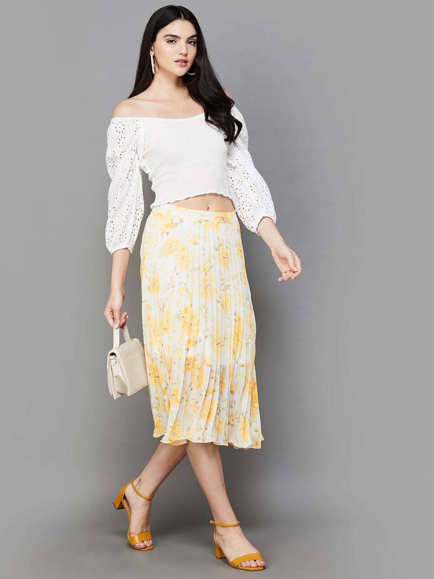 Code by Lifestyle Yellow Printed A-Line Skirt