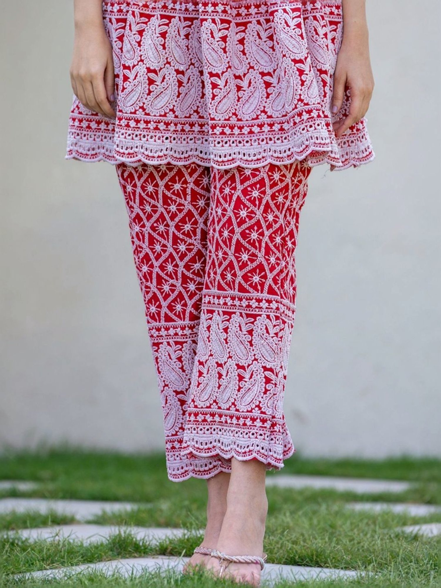 HOUSE OF JAMOTI Red Cotton Embroidered Tunic Pant Set