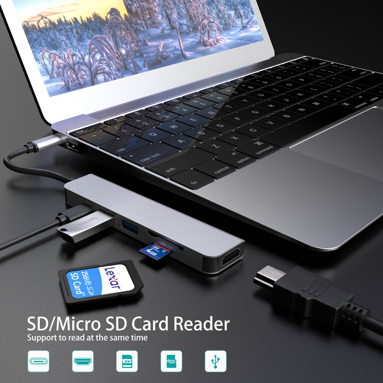 Computer USB converter 4 in 1 hub, HDMI Port Max 4K UHD 3840*2160@30HZ with  3 USB 3.0 Hub Ports up to 5Gbps for data syncing, Suitable for the Mac with TYPE C interface and mouse, card reader,etc.