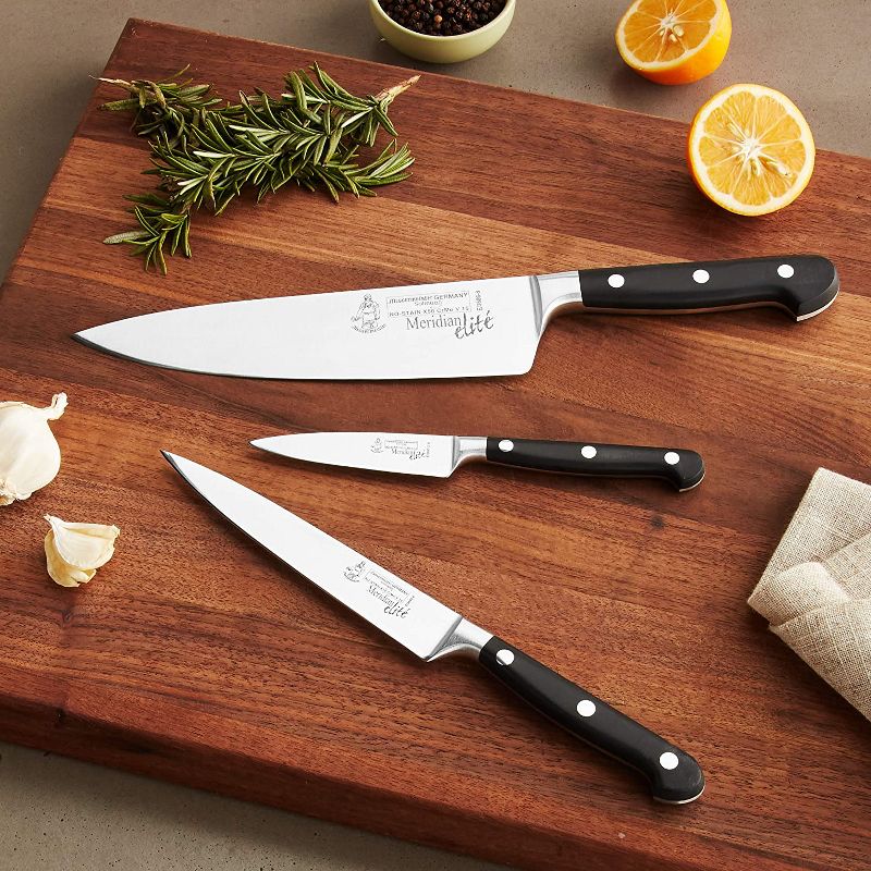 Messermeister Meridian Elite Professional 3 Piece German 8 Inch Chef,  6 Inch Utility, and 3.5 Inch Parer Multi Purpose Kitchen Knife Set