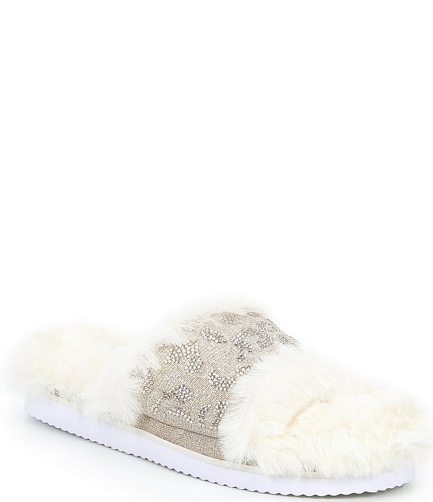 Gianni Bini Cushyy Faux Fur Rhinestone Embellished Leopard Print Slippers