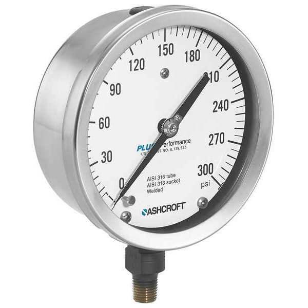 ASHCROFT 1009S Pressure Gauge, 0 to 2000 psi, 1/4 in MNPT, Stainless Steel,