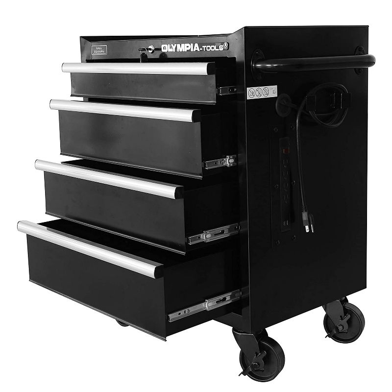 Olympia Tools 4-Drawer Rolling Organizer Tool Storage Chest with Power Strip, Heavy-Duty Caster Wheels, and Secure Lock System, Black