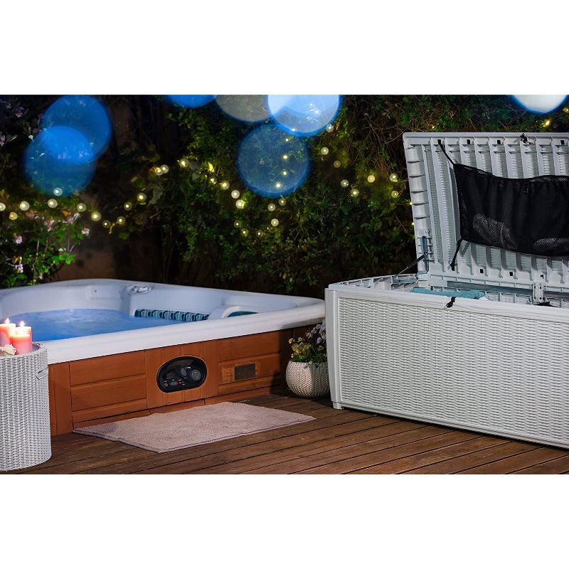 Keter 235178 Large 135 Gallon Waterproof All Weather Resistant Wicker Outdoor Backyard Sumatra Patio Porch Deck Garden Pool Storage Box Bench, White