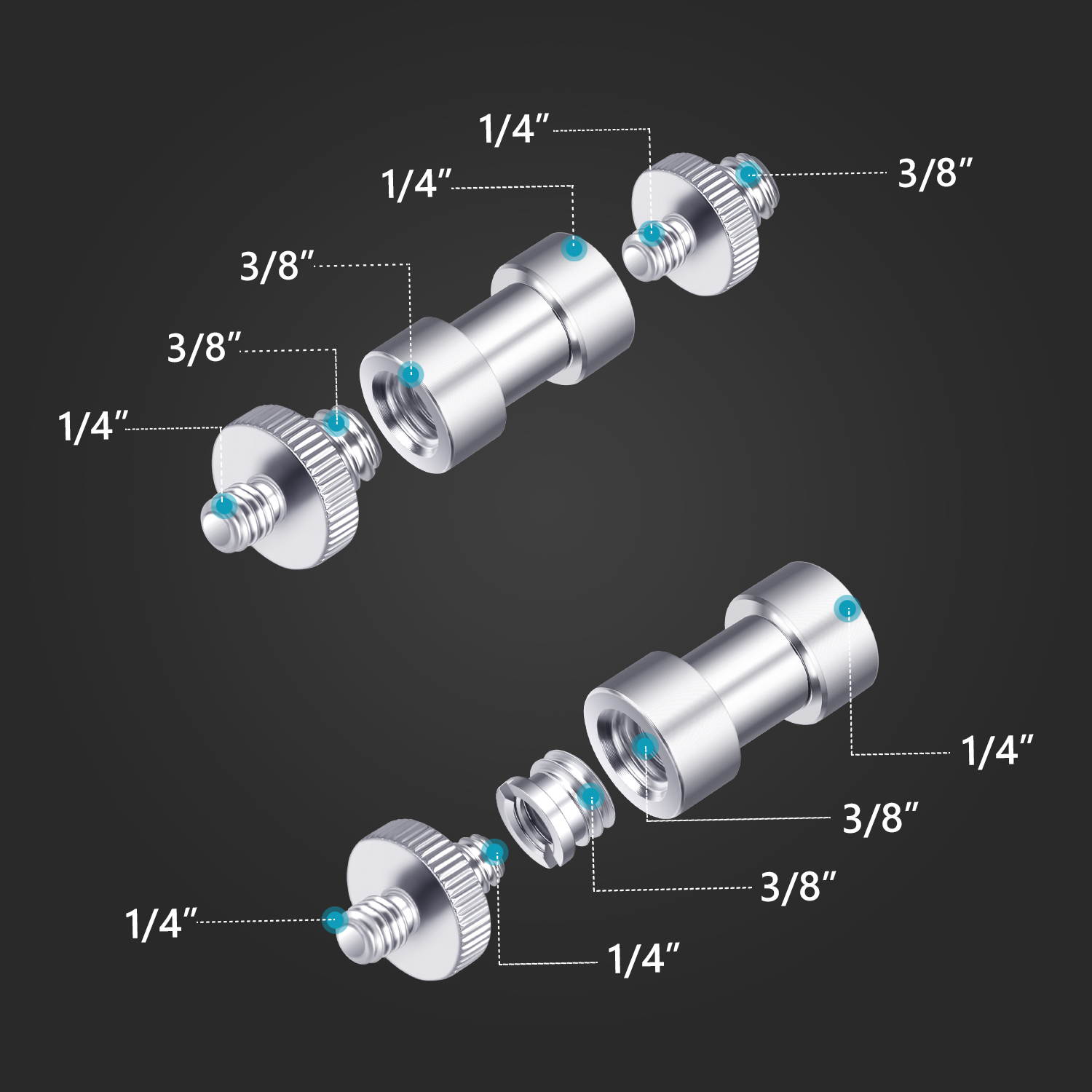 Neewer Camera Screw Kit, 16 Pieces Tripod Screw Adapter Converter Spigot Screw Mount Pack (1/4" to 1/4", 1/4" to 3/8", Female to Male, Male to Male, etc) for Camera/Tripod/Flash/Stand/Mic/Rig/Cage