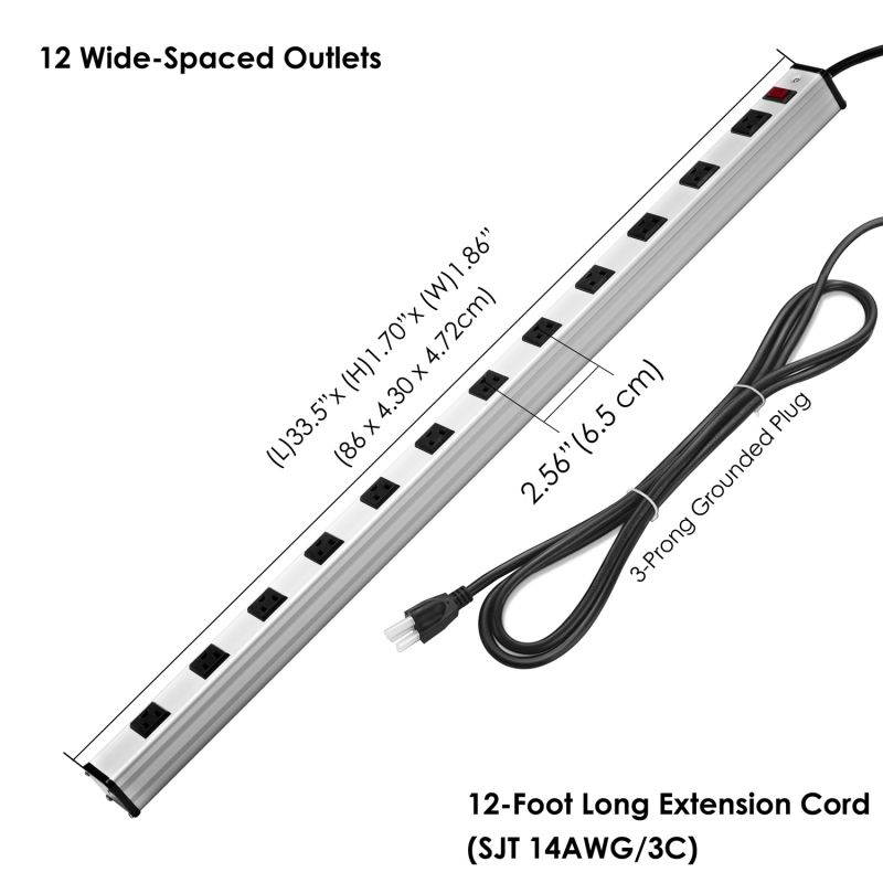 BESTTEN Heavy Duty Metal Surge Protector Power Strip, 12 Wide-Spaced Outlets with 12ft Long Extension Cord, 15A/125V/1875W, 450 Joules, ETL Listed, Silver
