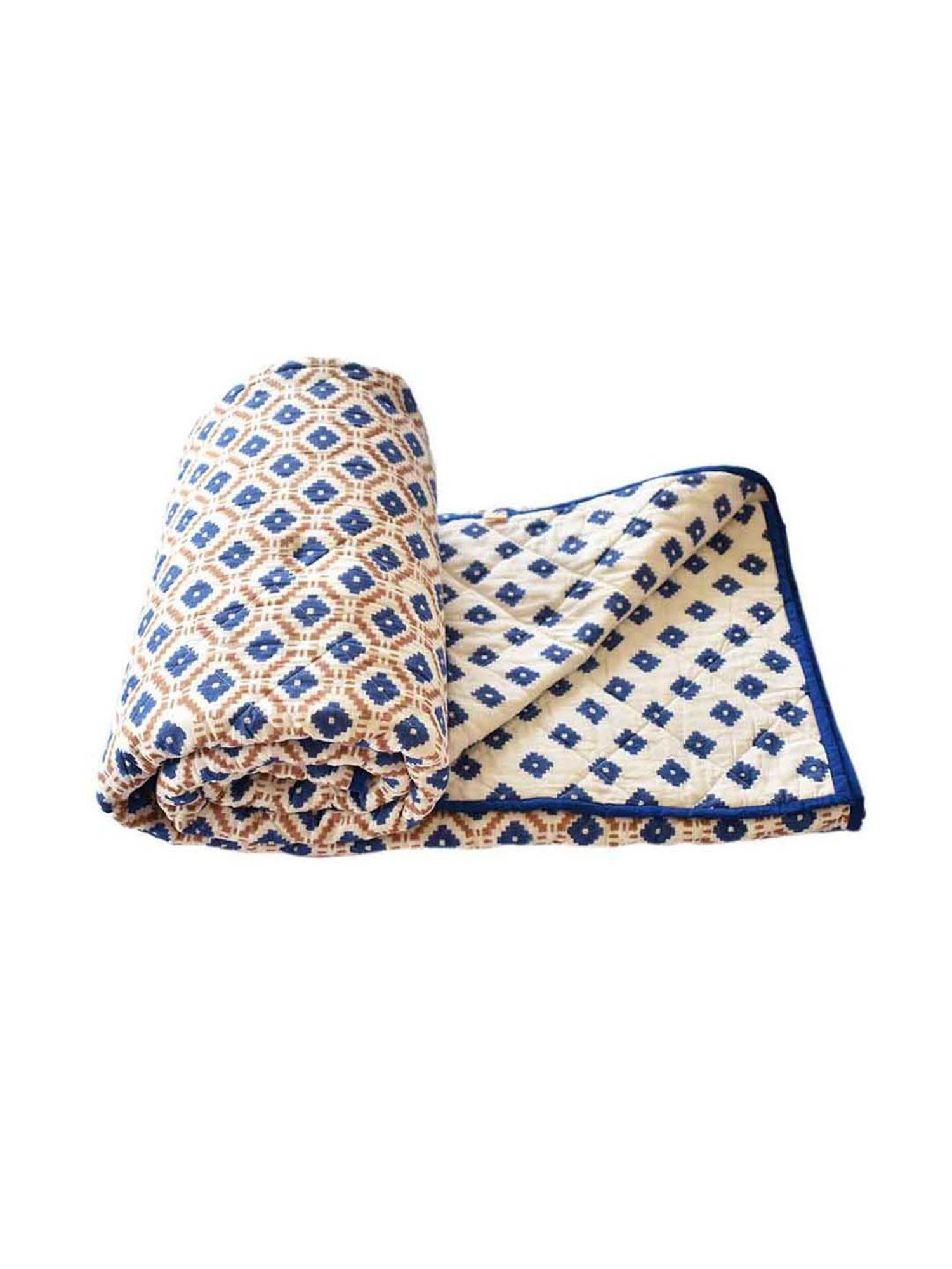 Fanusta Manzhar Blue & Brown 180 TC Mulmul Jaipuri Rajai - Set of 1