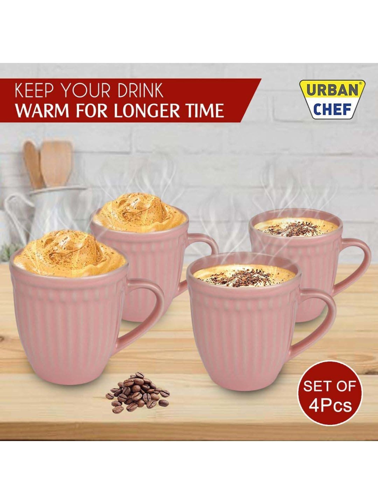 Urban Chef Pink Ceramic Handcrafted Microwave Safe Tea Cup - Set of 4