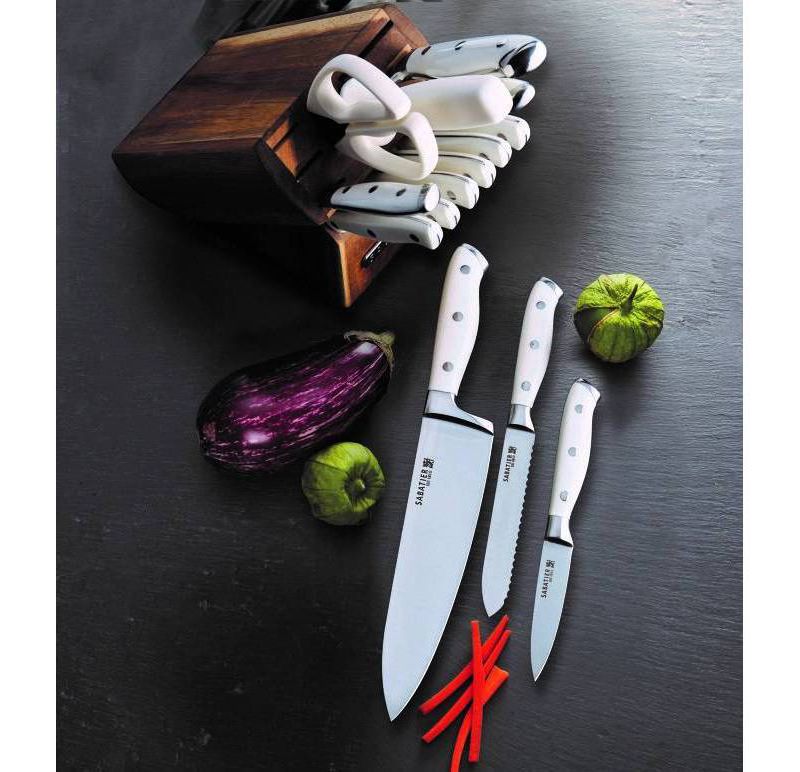 Sabatier 15pc White Knife Set with Acacia Block