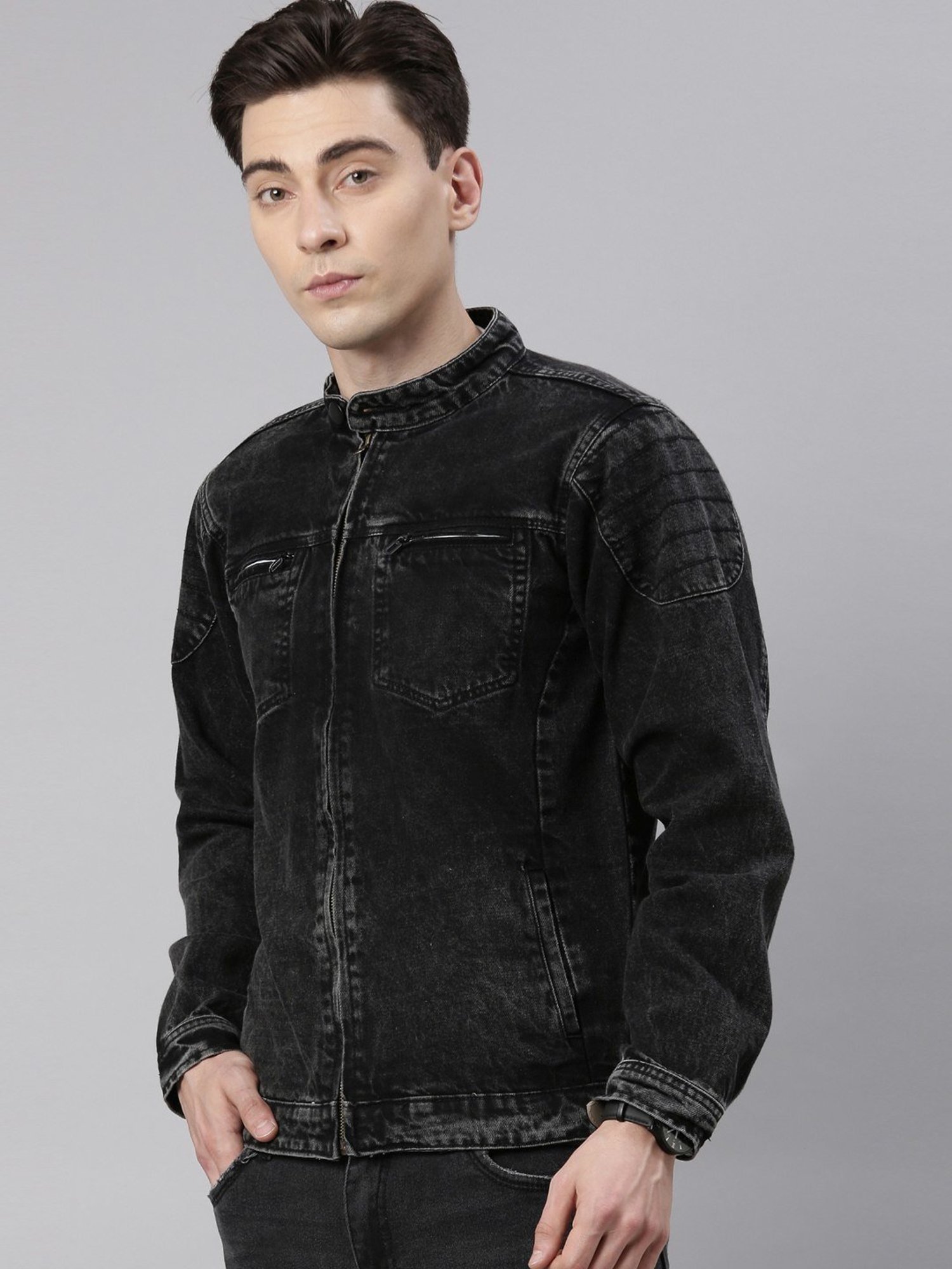 CINOCCI Black Cotton Slim Fit Denim Jacket