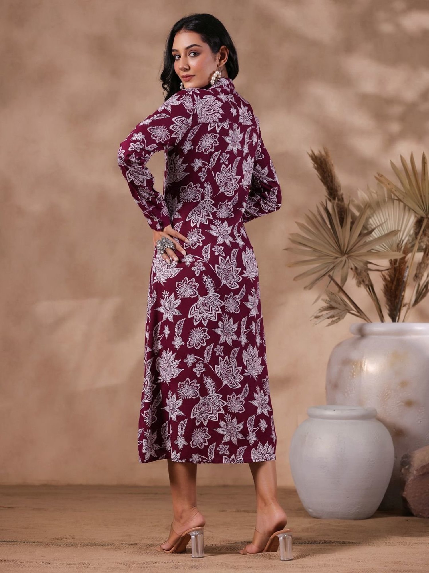 Ishin Purple Floral Print Shirt Dress