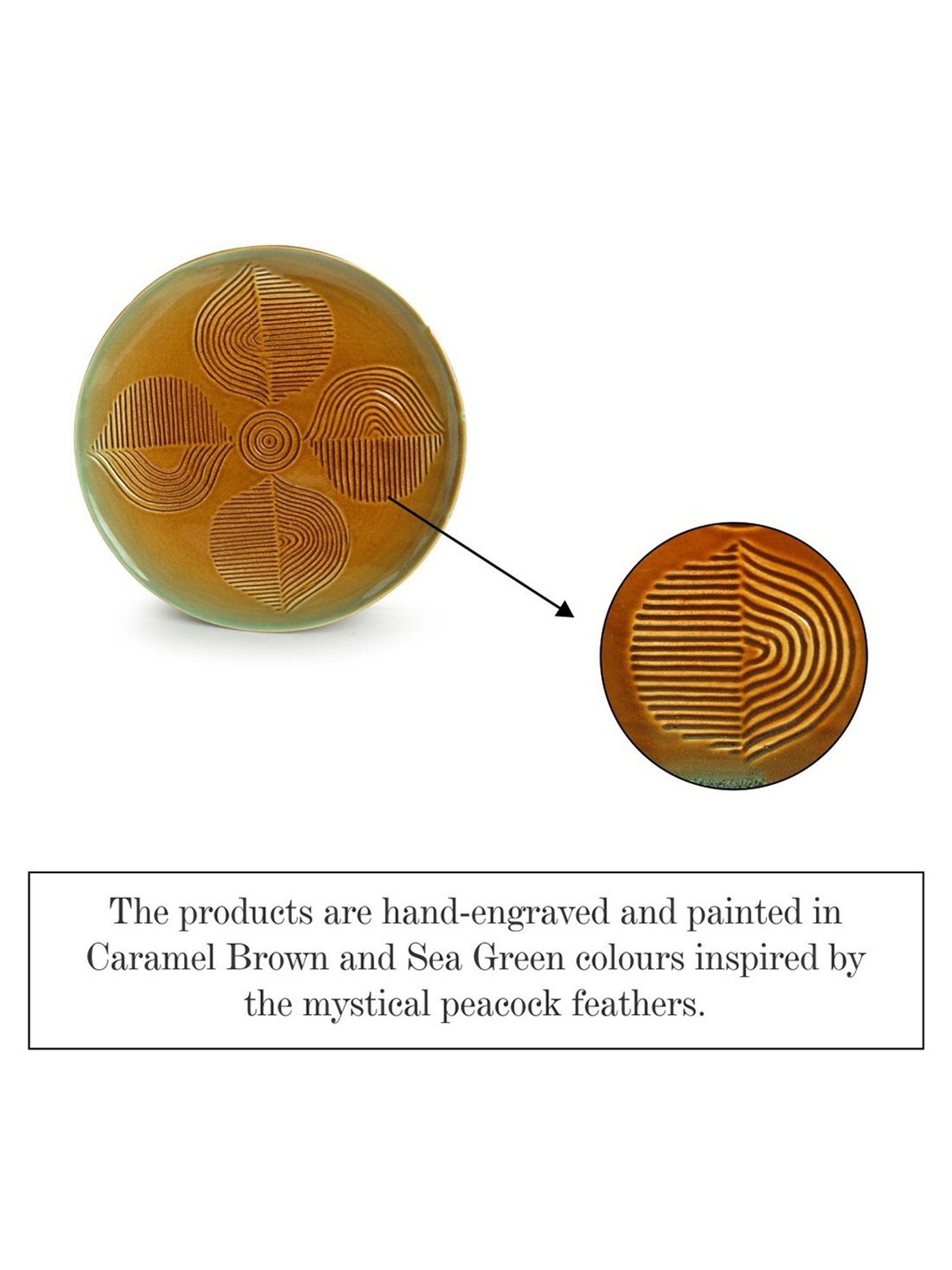 ExclusiveLane 'Peacock Boulevard' Brown & Sea Green Ceramic Dinner Plate - Set of 4