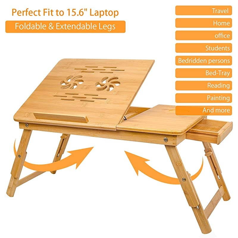 Laptop Desk Tray,Breakfast Serving Bed Trays, Adjustable Foldable with Flip Top and Legs, Computer Stand with Drawer-by QL-ben
