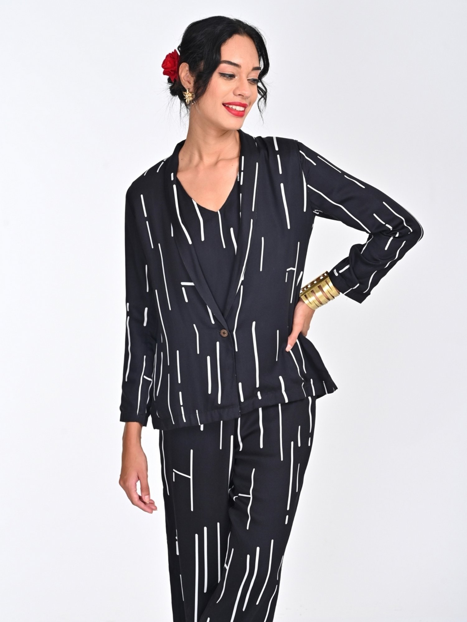 Saltpetre Women Modal Cedar Print Black Shawl Collar Blazer