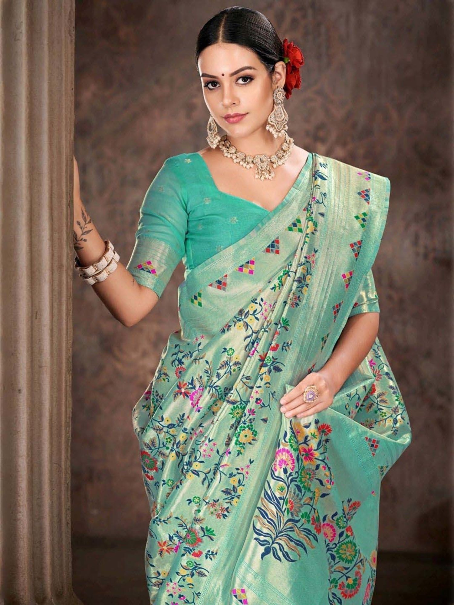 Silk Land Turquoise Embroidered Saree With Unstitched Blouse