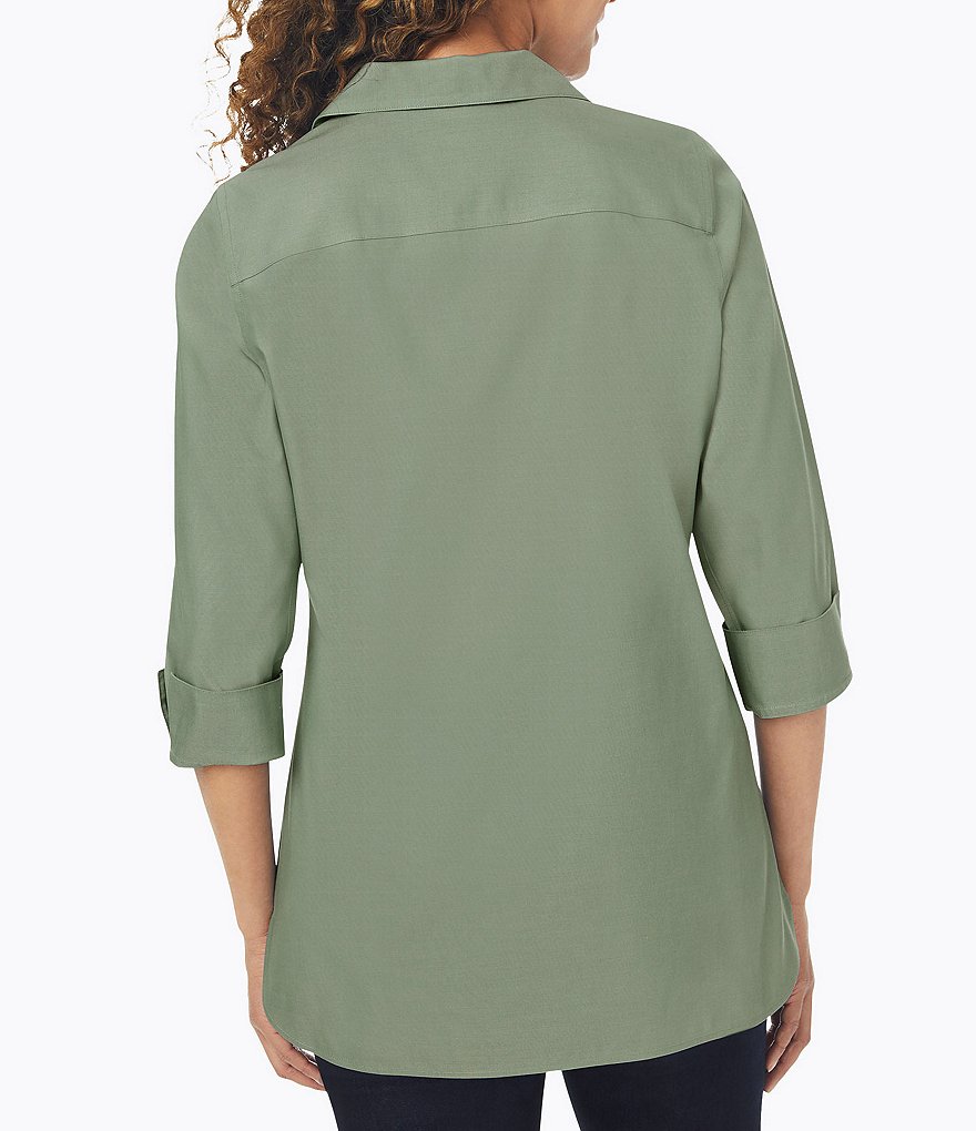 Foxcroft Pandora Solid Non-Iron Pinpoint Oxford Button Front Wing Collar Neck 3/4 Sleeve Tunic